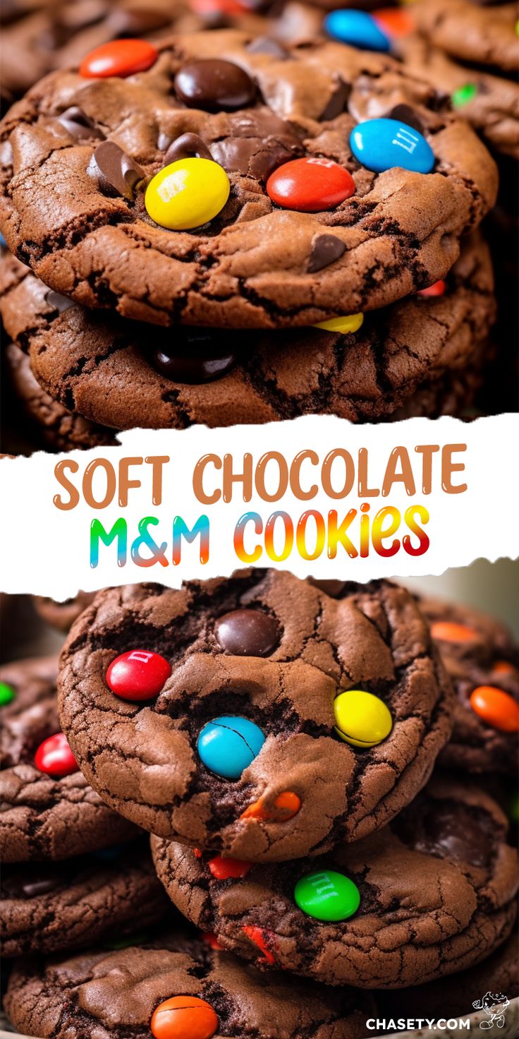 soft chocolate m & m cookies are stacked on top of each other with candy in the middle