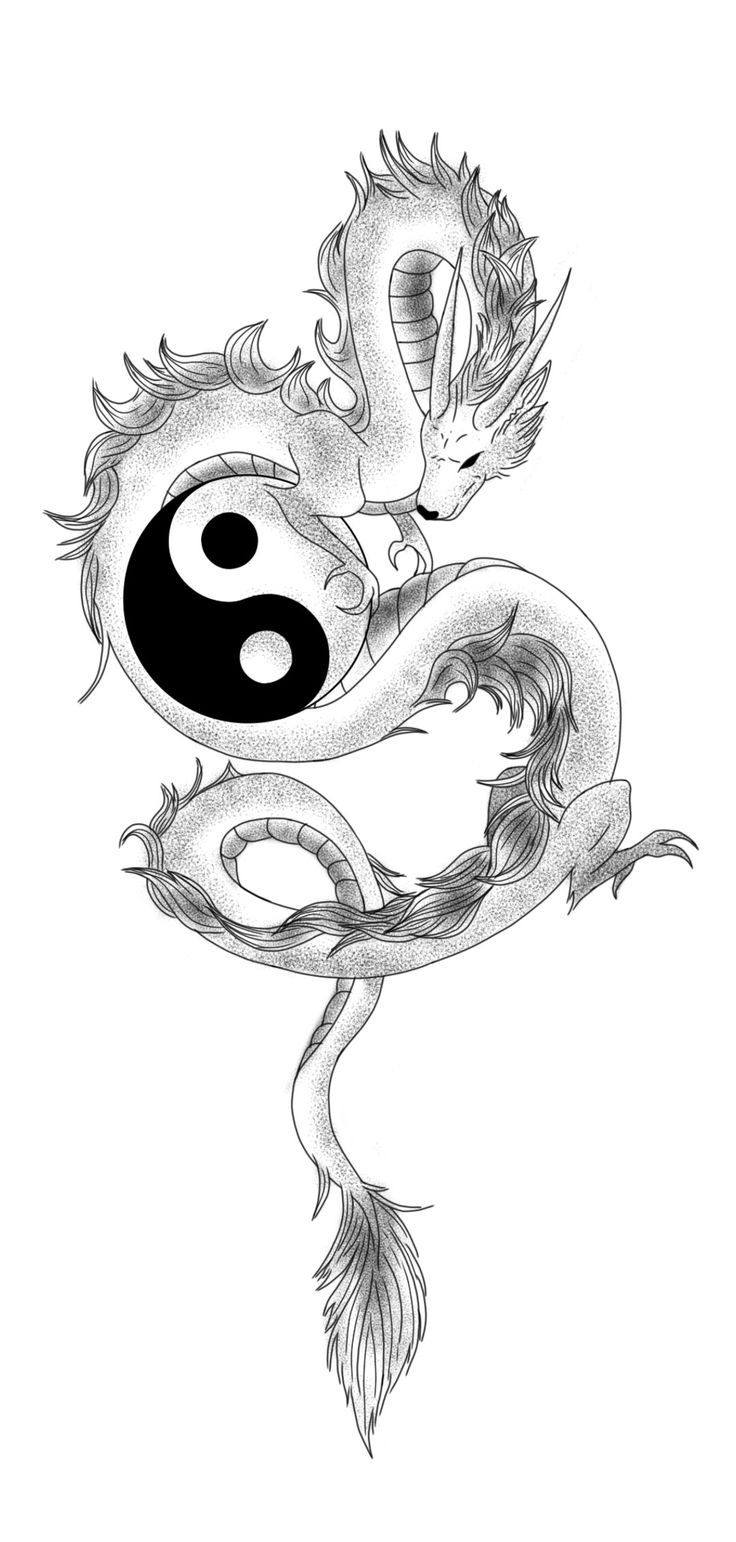 a black and white drawing of a dragon with the yin symbol on it's back