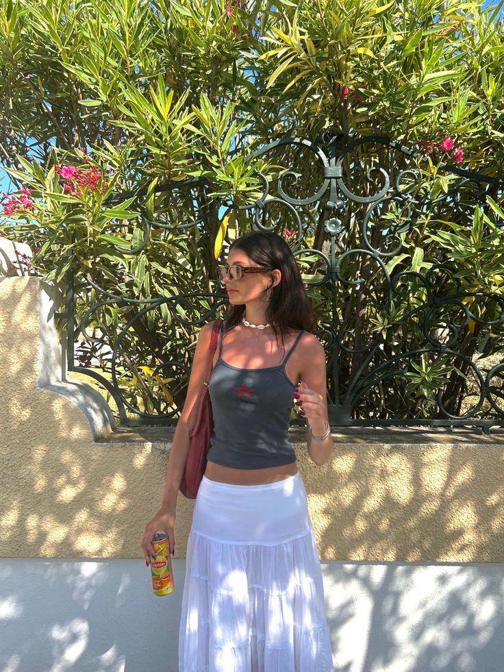 Maxi Skirt And Tank Top Outfit, Long Skirt Tank Top Outfits, White Skirt And Tank Top Outfit, Tank Top And Skirt Outfit Aesthetic, Skirt Outfits Vacation, Long Skirt Tank Top Summer Outfits, Maxi Skirt With Tank Top, Long Skirt With Tank Top, Tank Top Long Skirt