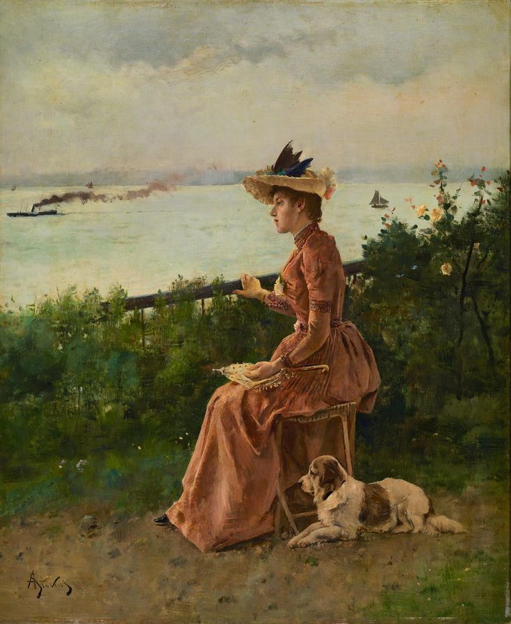 a painting of a woman sitting on a bench next to a dog by the water