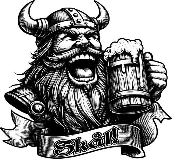 an illustration of a viking holding a mug of beer with the word ship on it