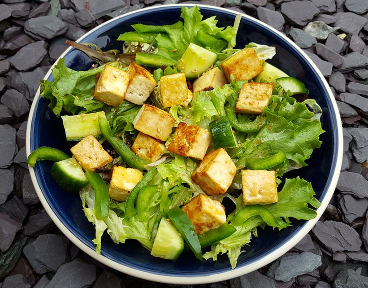 a salad with tofu and lettuce in a blue bowl on some rocks