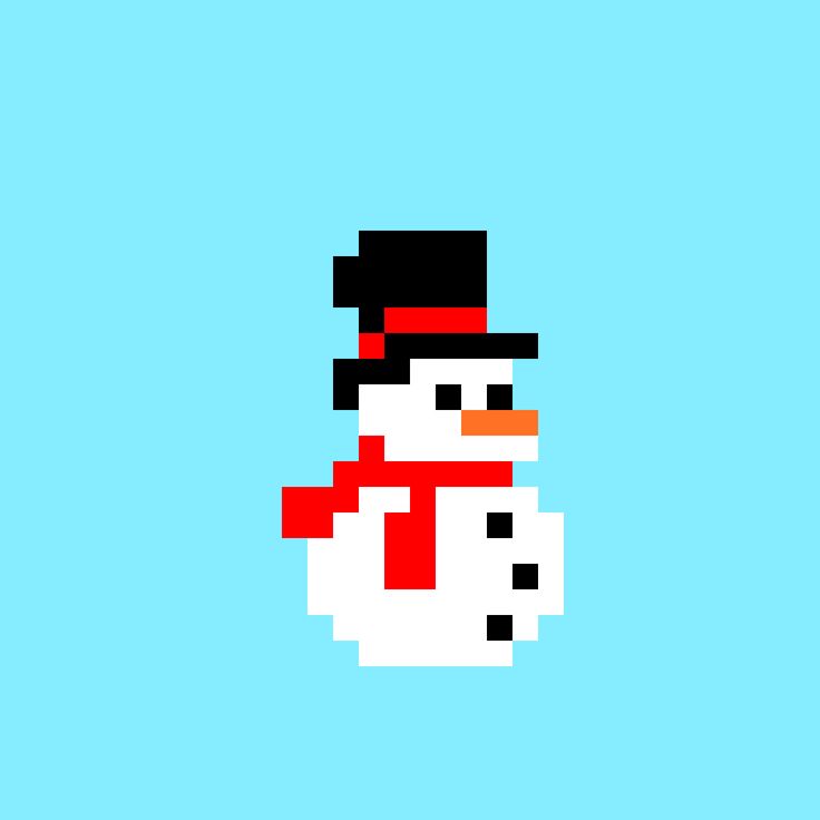 a pixel art snowman wearing a red scarf and black top hat on blue background