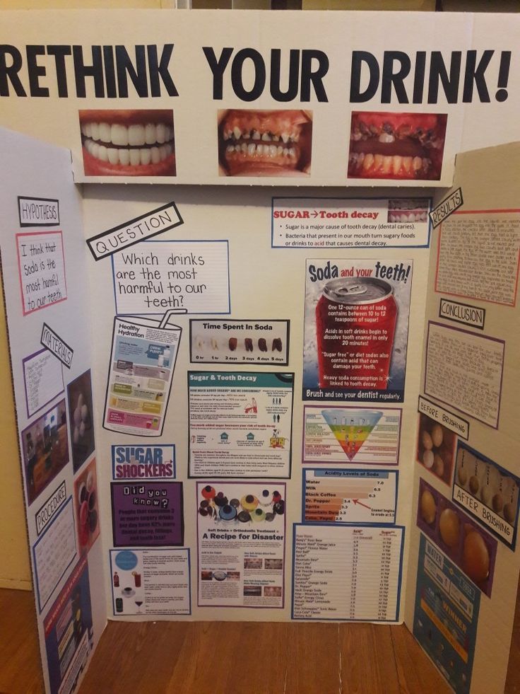 a bulletin board with information about teeth and other dental hygiene items on it, in front of a wooden floor