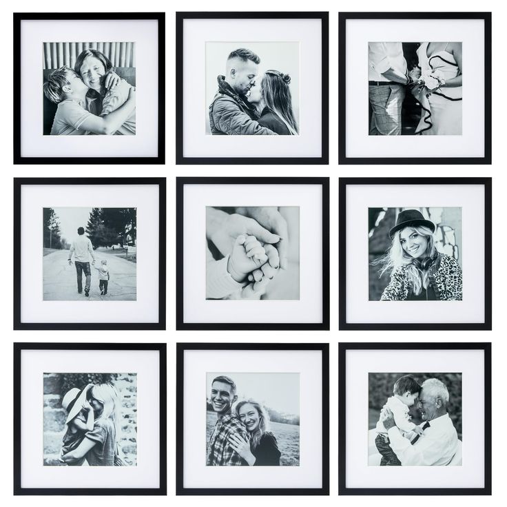 six black and white photos hanging on a wall with one holding the other's hand