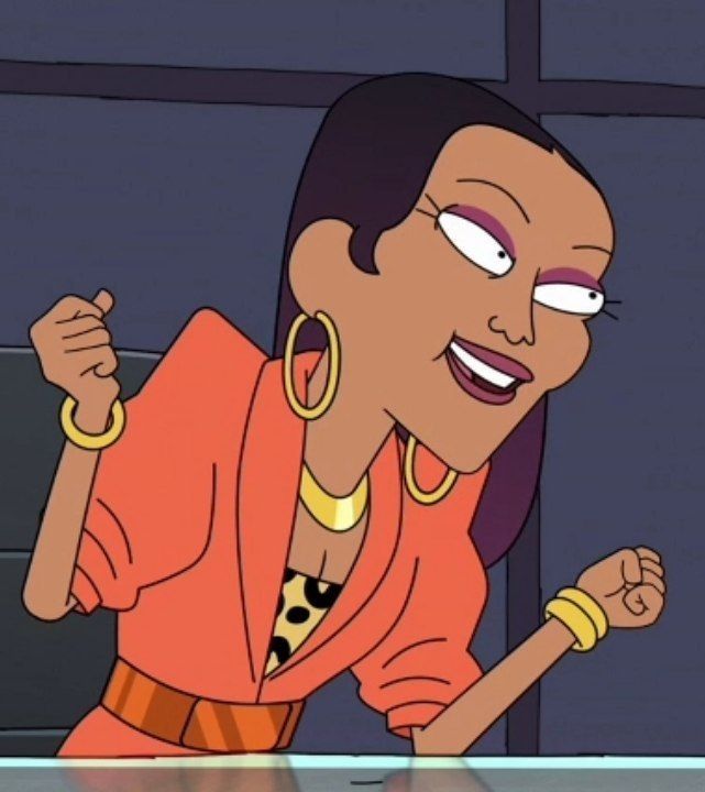 an animated image of a woman with big hoop earrings on her head and hands in the air