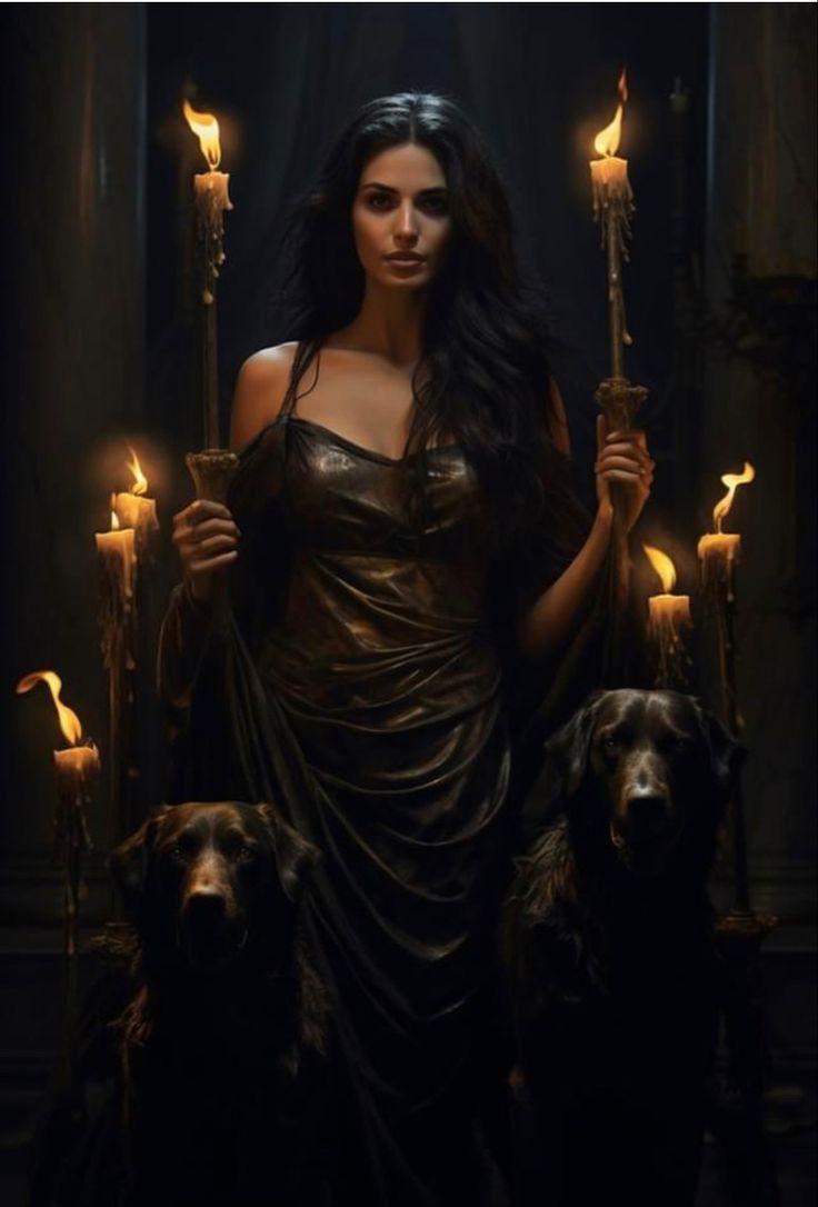 a woman sitting on a throne with two dogs in front of her and candles behind her