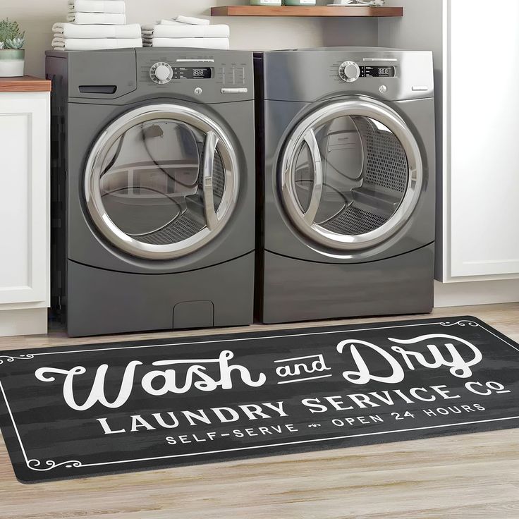 wash and dry laundry service mat in front of two washers