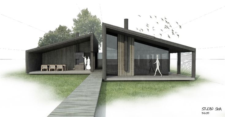 the house is designed to look like it has been built on stilts and grass