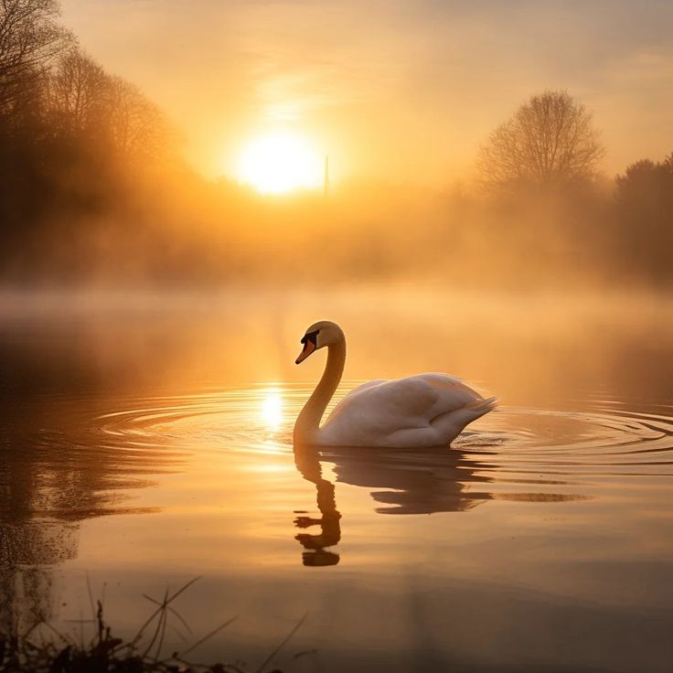 a swan is swimming in the water at sunrise or dawn with mist on it's surface