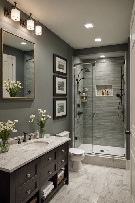 a bathroom with gray walls and white fixtures