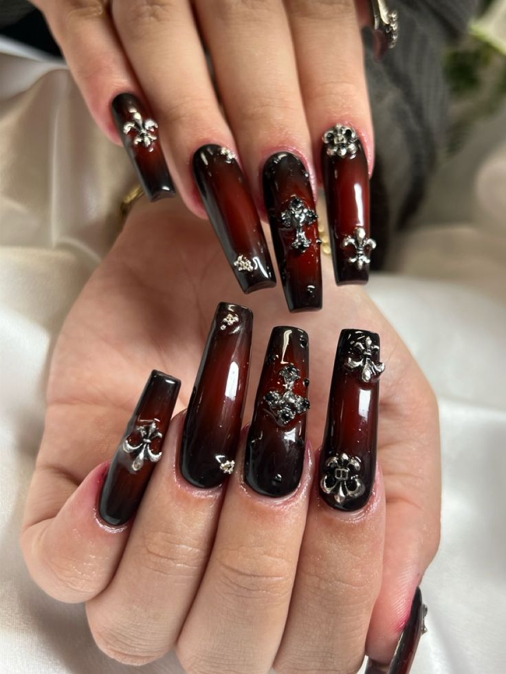 Burgundy Bling Nails, Black Brown Nails Acrylic, Burgundy Brown Nails, Black Red Aura Nails, Black Nails Red Gems, Black Nails Red Rhinestones, Black And Brown Aura Nails, Nail Jewels, Brown Fall