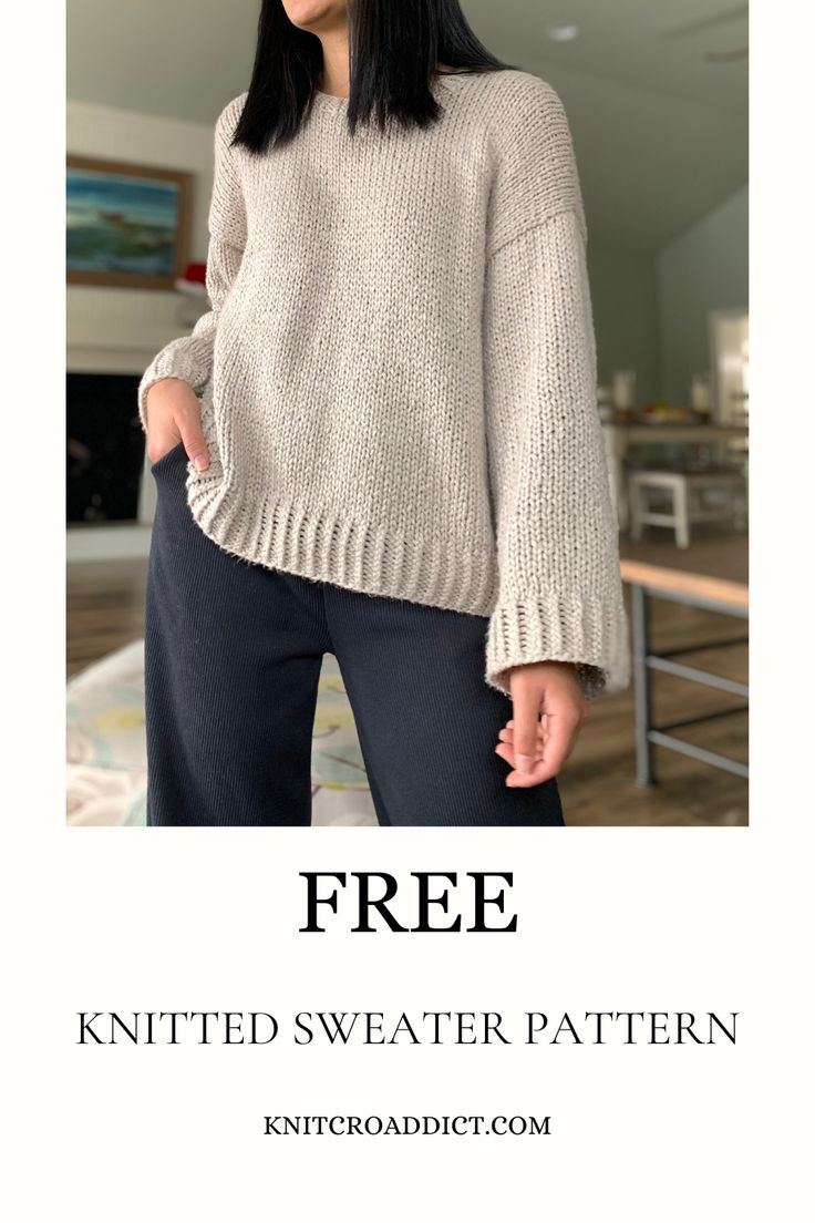 a woman standing in front of a white background with the text free knitted sweater pattern