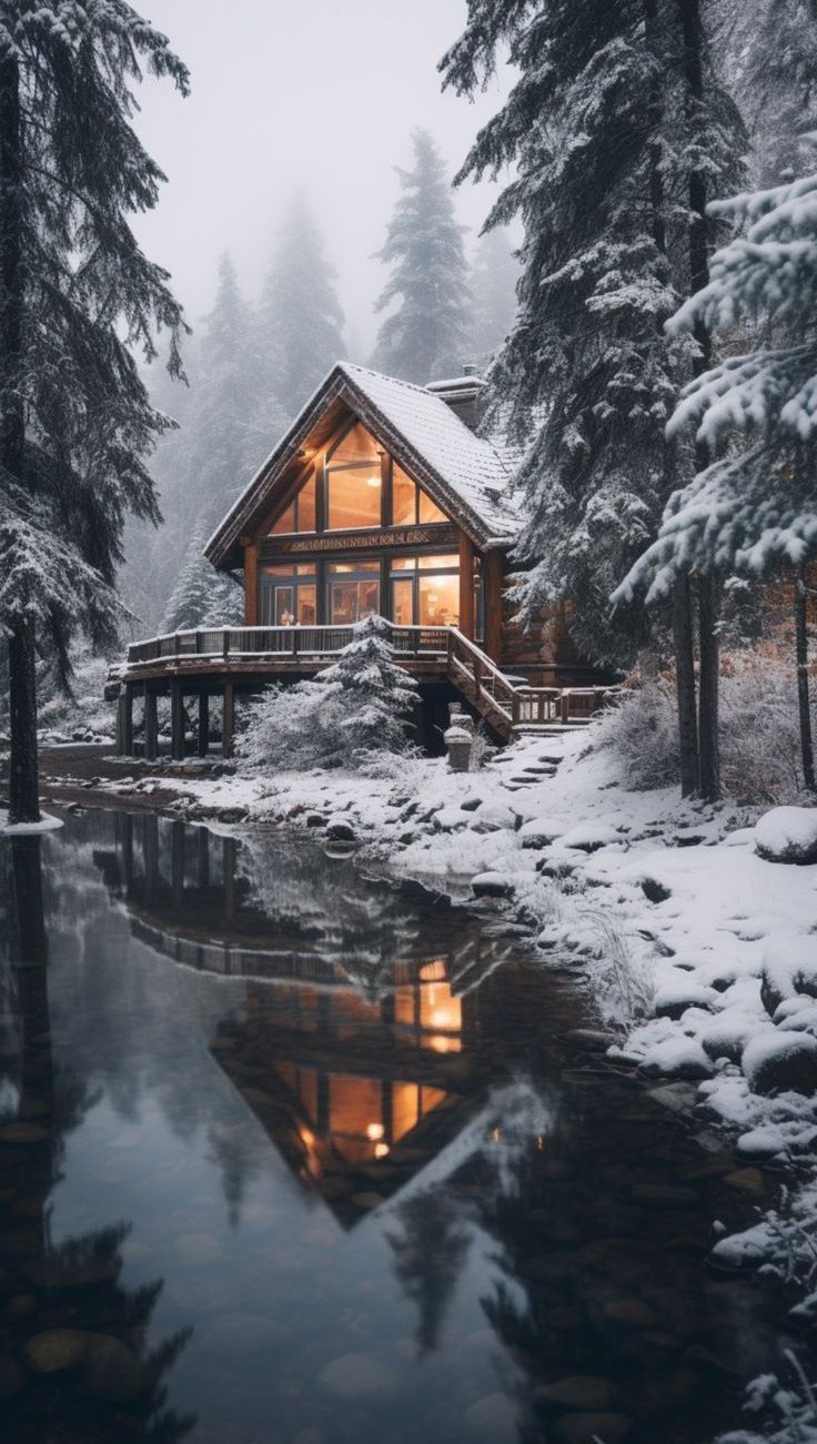 a cabin in the woods with snow on the ground and trees around it, lit up at night