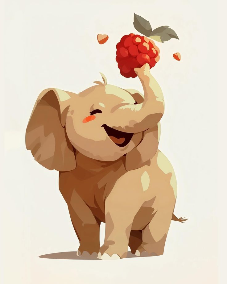 an elephant holding a raspberry up to its trunk with it's trunk in the air