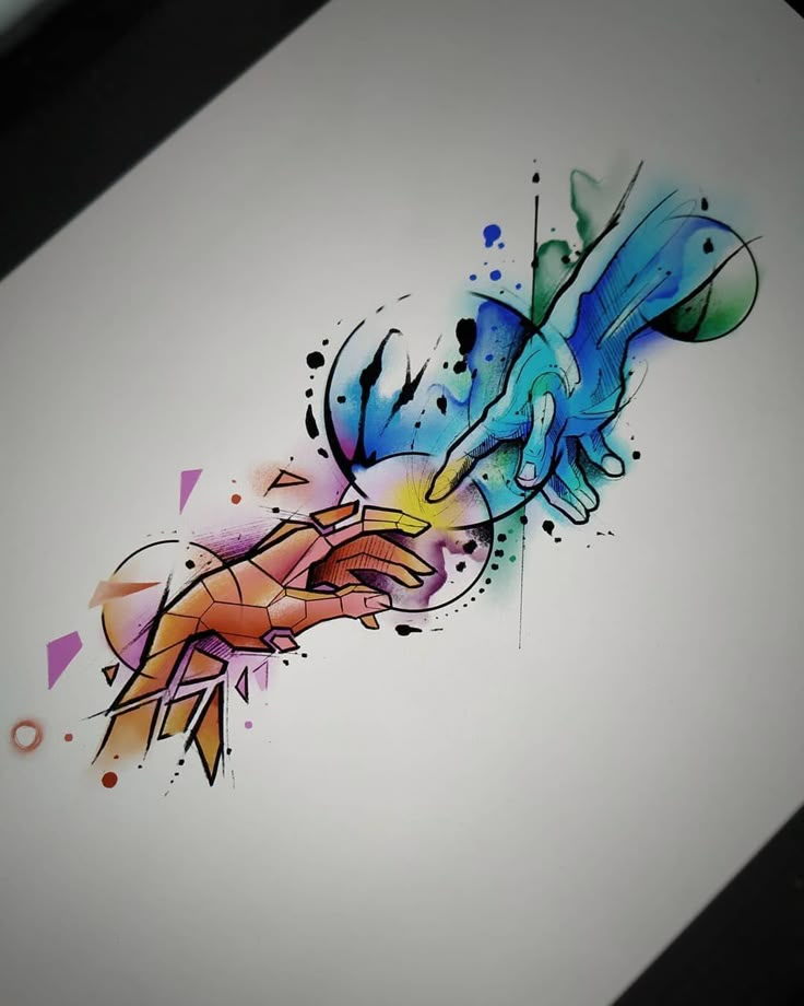 a drawing of a hand holding something in it's right hand with colorful paint splattered on it