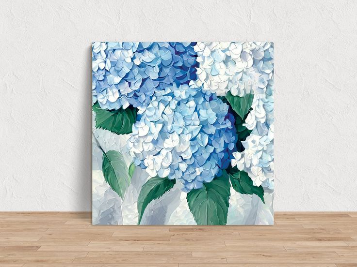 a painting of blue hydrangeas on a white wall with wood flooring and wooden table