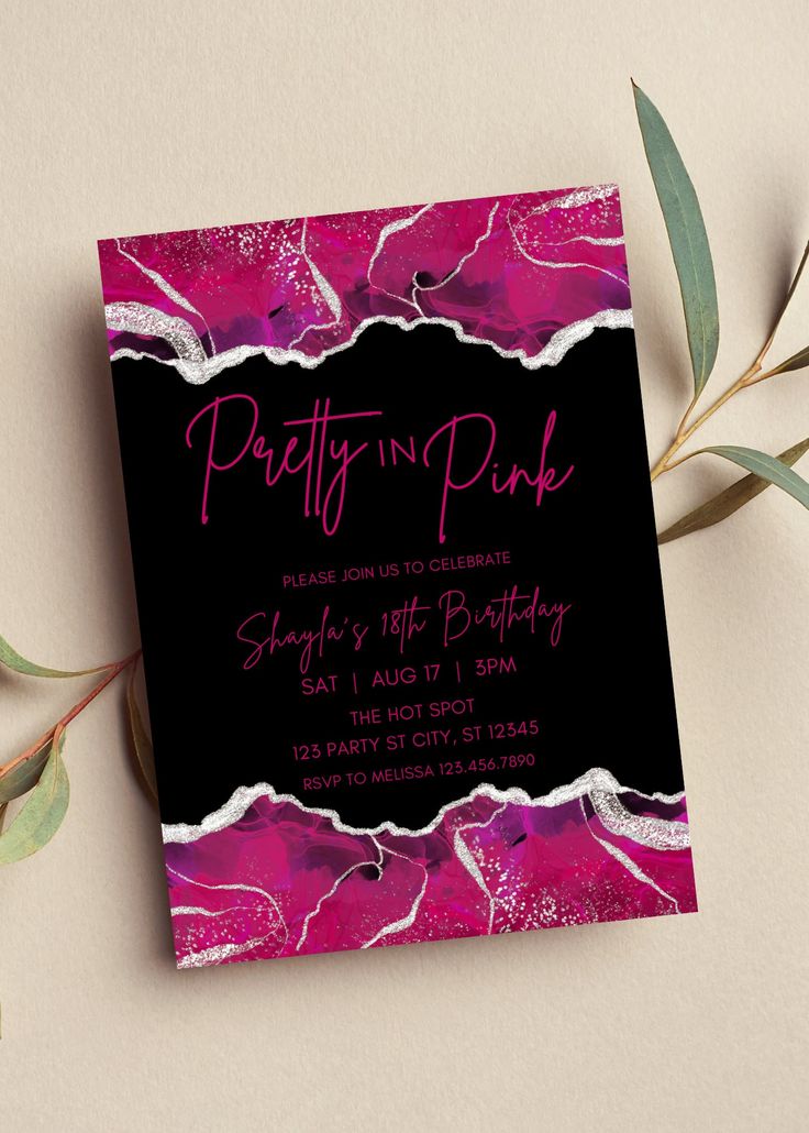 a pretty pink and black birthday party card