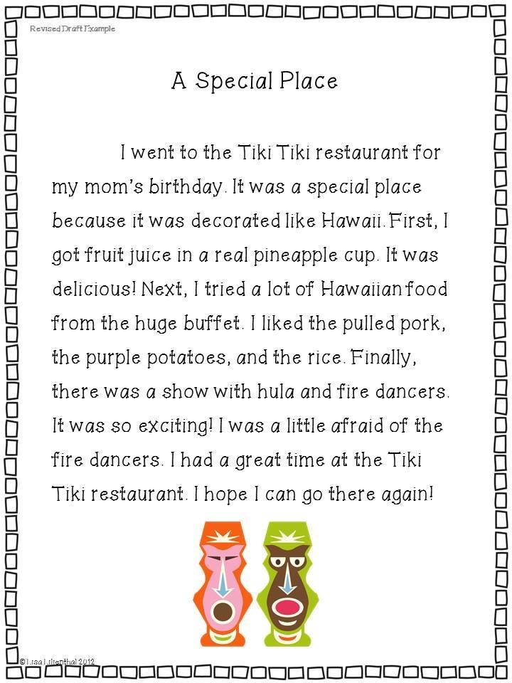 an image of a birthday card with two cartoon characters in front of the caption,'a special place i went to the tiki restaurant for my mom's birthday it was a special place