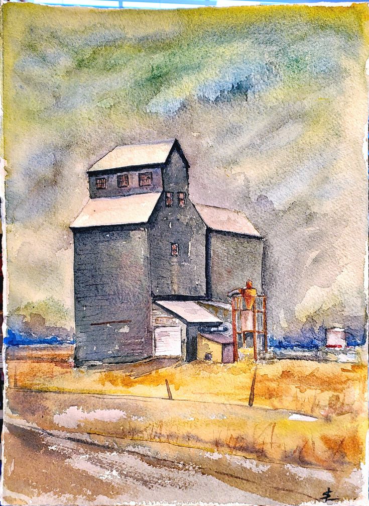 watercolor painting of an old grain silo