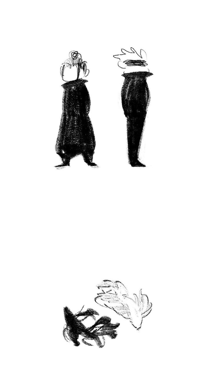 three black and white drawings of two people with hats on their heads, one standing in front of the other