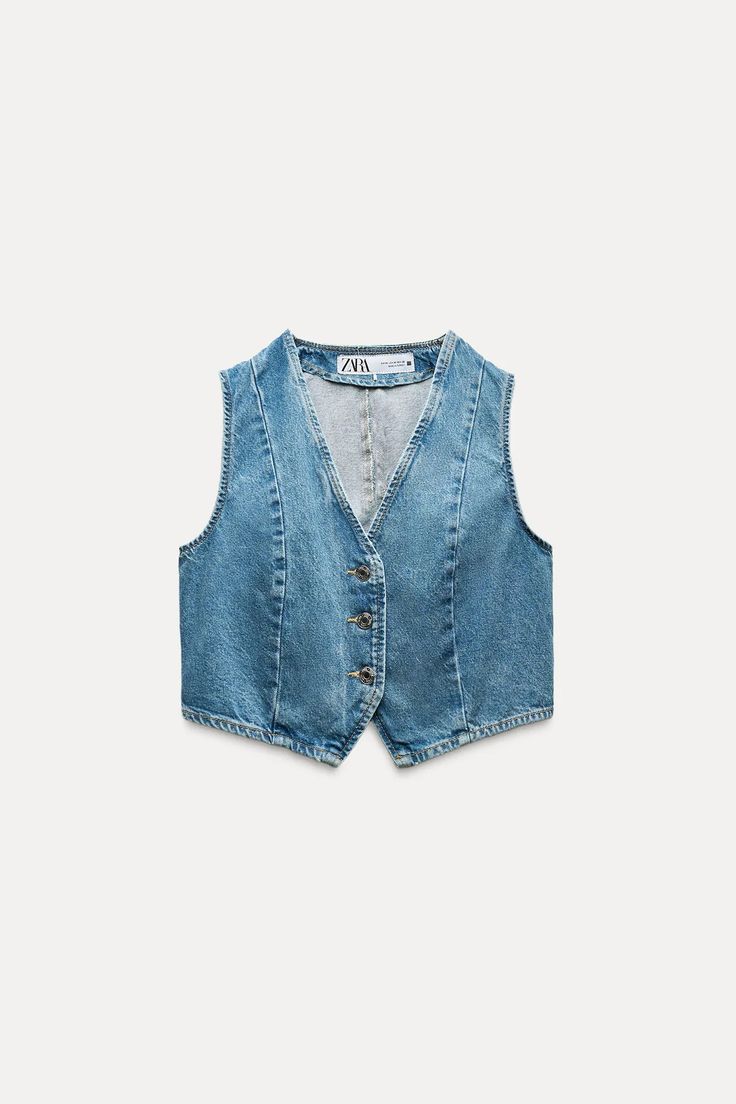 DENIM VEST Z1975 - Mid-blue | ZARA United States Denim Waistcoat, Trench Coat Dress, Short Denim, Cardigan Sweater Dress, Cardigan Sweater Jacket, Leather Shirt, Blazer And Shorts, Tshirt Skirt, Knitwear Cardigan