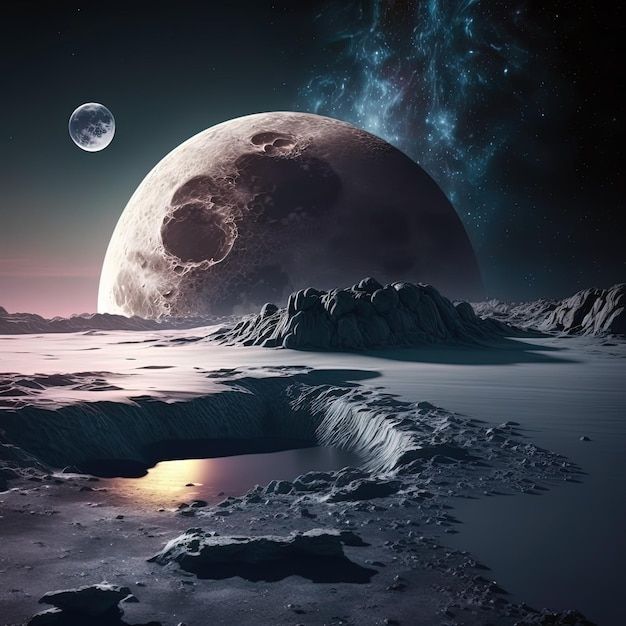 an artist's rendering of the moon and its reflection in water