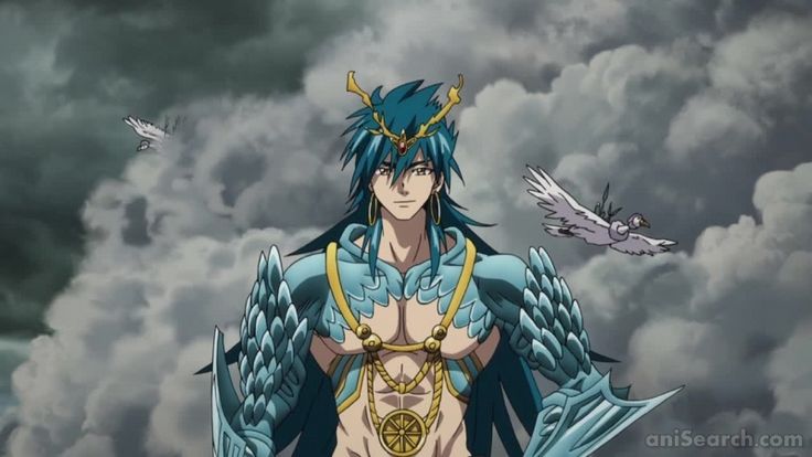 an anime character with blue hair standing in front of clouds and a bird on his shoulder