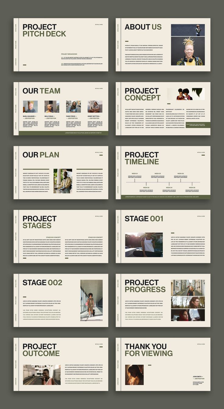 an image of a presentation on the theme of project management, with many different sections