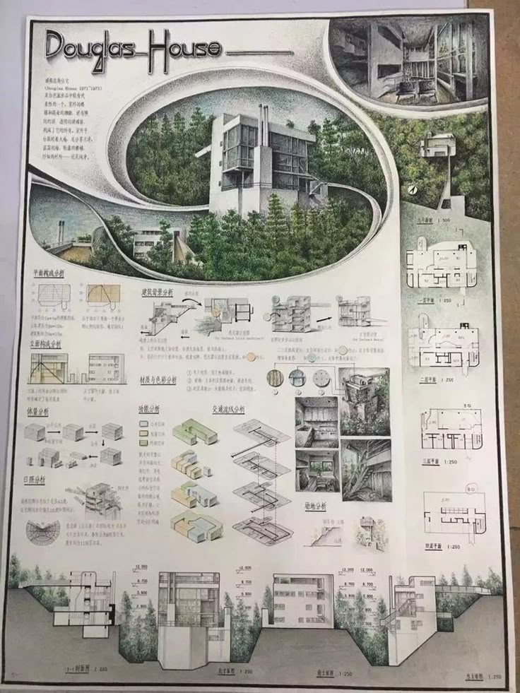 an advertisement for the douglas house in china, with diagrams on it and trees surrounding