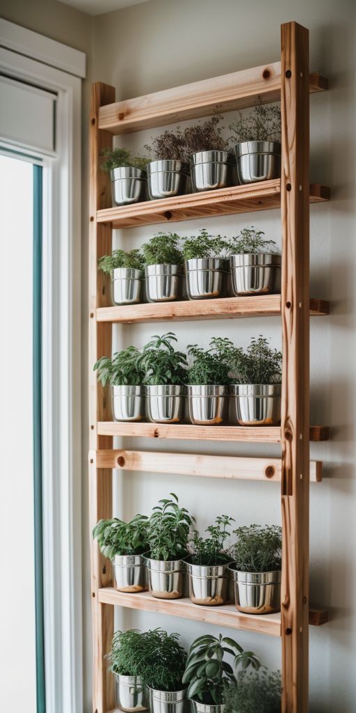 a shelf filled with potted plants next to a window