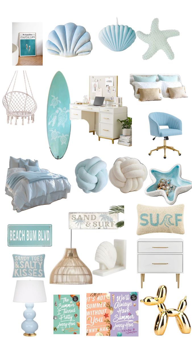 a collage of beach themed furniture and decor in shades of blue, white, and gold