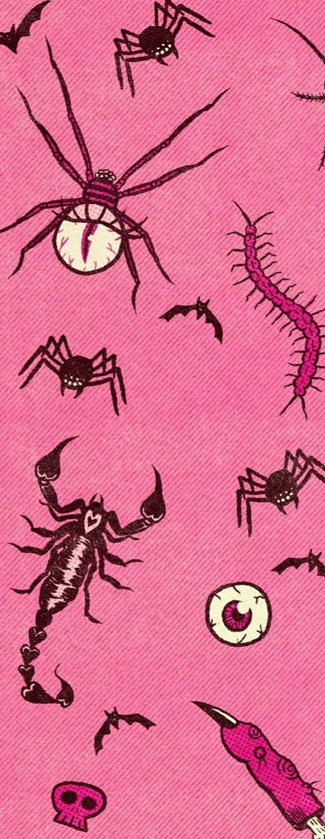 a pink background with black and white bugs, scorpions, and other insects on it