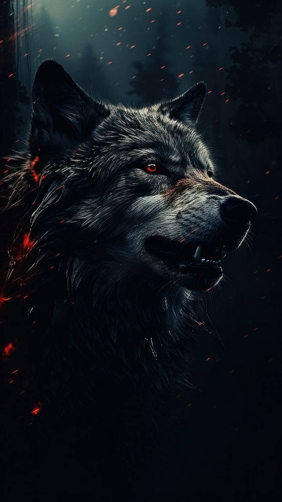 a wolf with red eyes in the dark