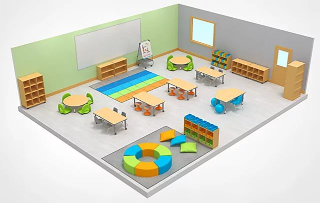 an image of a classroom setting with tables, chairs and bookshelves on the floor