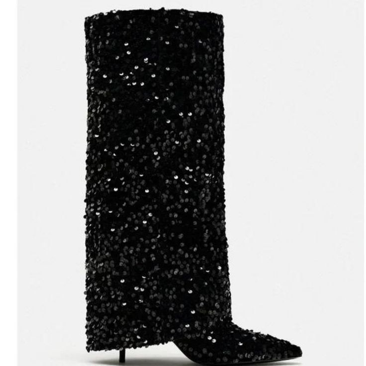 Velvet Knee High Boots With Sequins. Gaiter Detail. Pointed Toe. Heel Height: 2.8 Inches (7 Cm) Chic Sequined Evening Boots, Glamorous Evening Winter Boots, Chic Sequined Boots For Fall, Knee-high Boots For Night Out In Winter, Glamorous Fall Mid-calf Boots For Night Out, Glamorous Mid-calf Boots For Fall Night Out, Chic Sequined Pointed Toe Boots, Glamorous Mid-calf Boots For Night Out In Fall, Glamorous Winter Boots With Sequins