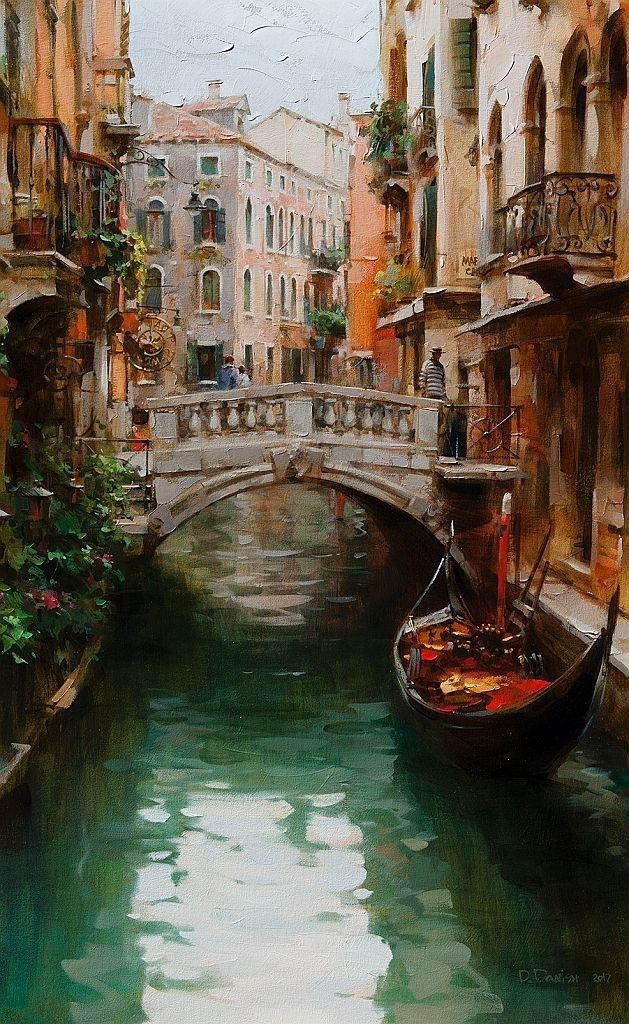 a painting of a gondola on a canal in venice, italy with buildings and people