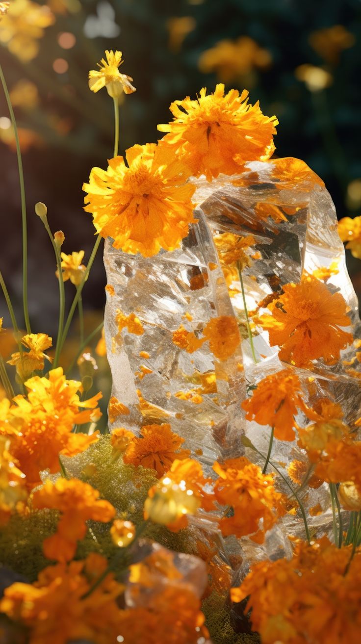 yellow flowers are growing out of a rock