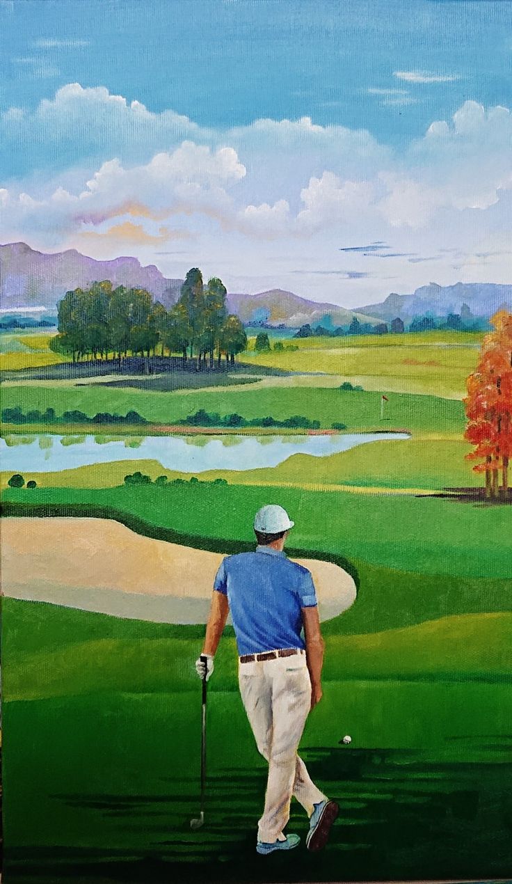 a painting of a man walking down a golf course