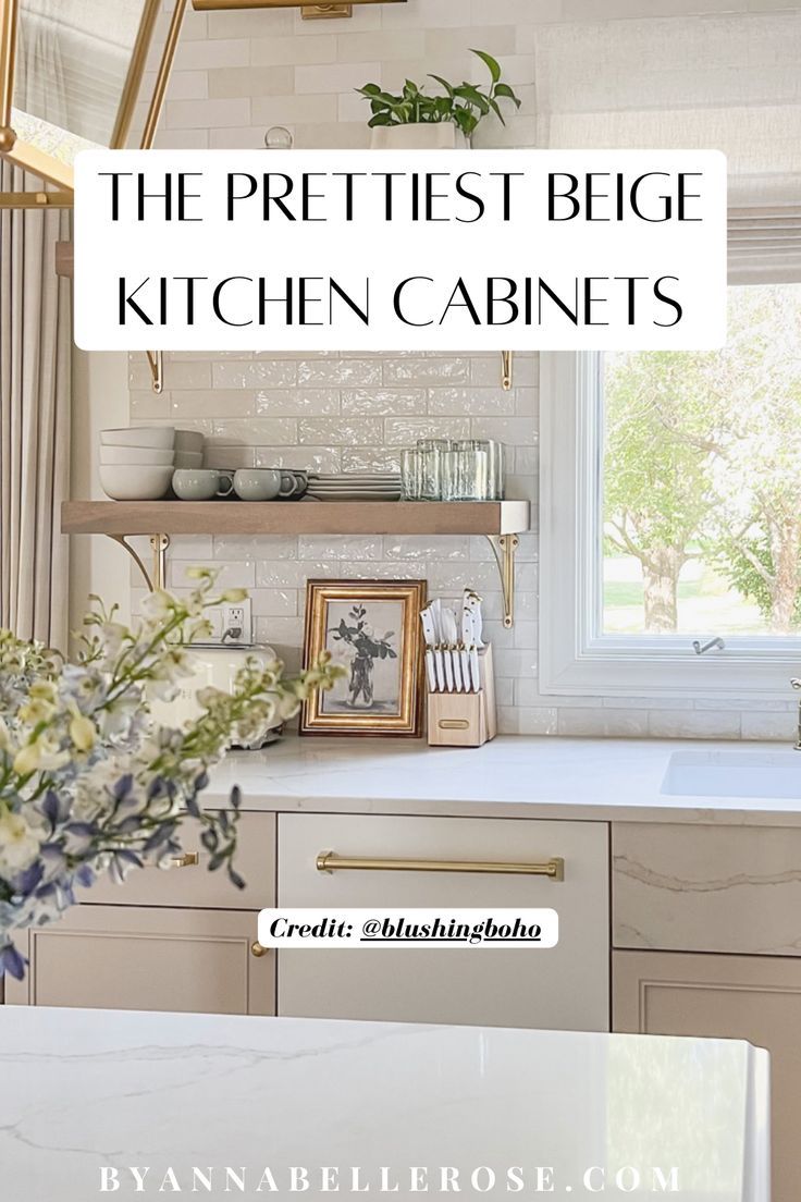 If you’re looking for beige kitchen cabinet color ideas, then you’ve come to the right place. This post is all about the most gorgeous beige paint colors for your kitchen that you’ll love. Kitchen Cabinets Creamy White, Beige Kitchen Cabinets With Gold Handles, Beige Cabinets White Backsplash, Oatmeal Colored Kitchen Cabinets, Small Kitchen Beige Cabinets, Backsplash Kitchen Greige Cabinets, Backsplash For Greige Cabinets, Kitchen Ideas Tan Cabinets, Backsplash Ideas For Cream Cabinets