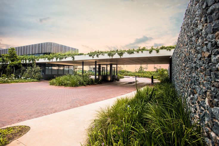 the building is made out of rocks and has plants growing on it's sides