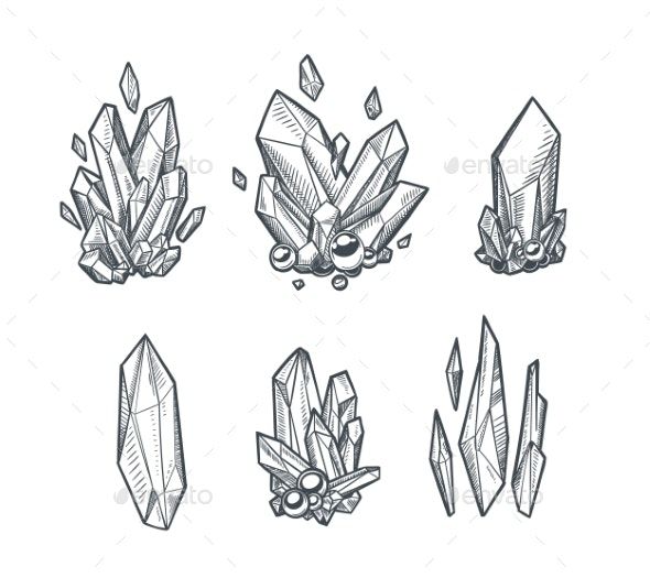 hand drawn crystals set on white background