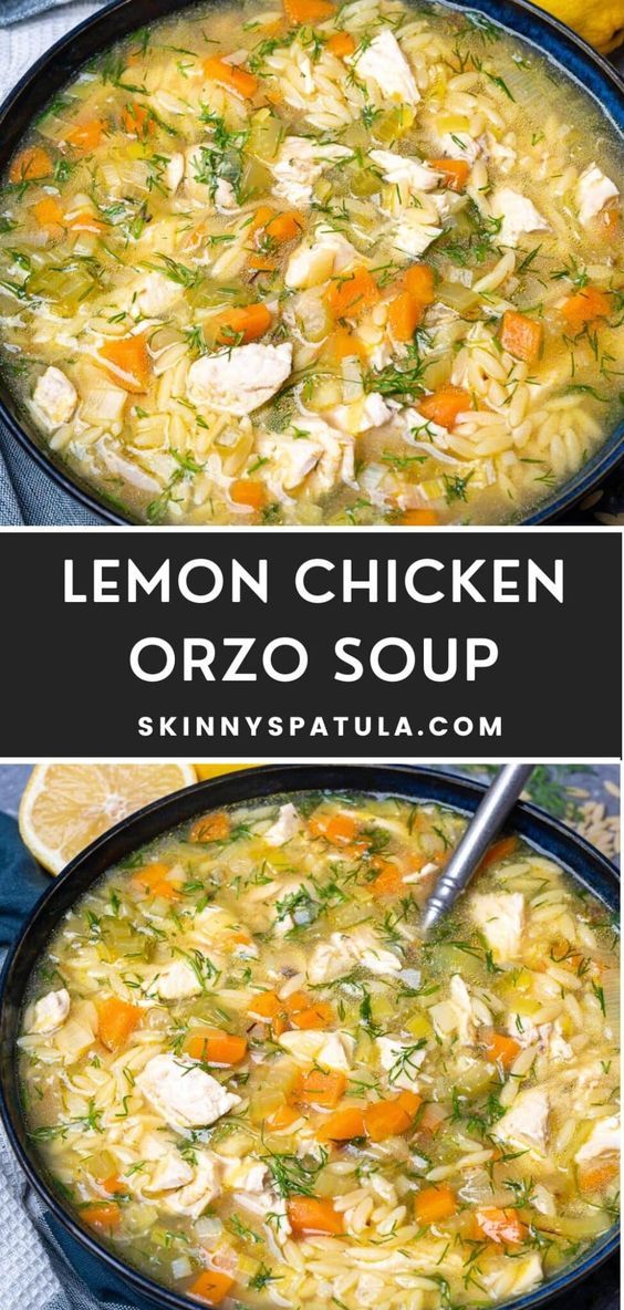 lemon chicken orzo soup in a black bowl