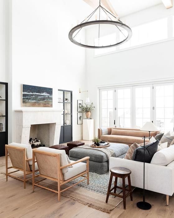 a living room filled with furniture and a fire place in the middle of a room