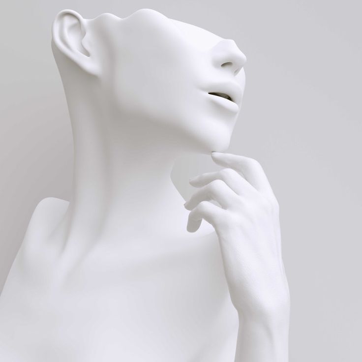 a white female mannequin holding her hand to her face and looking up into the sky