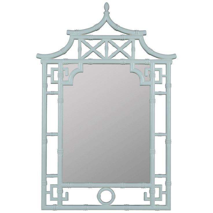 a mirror that is sitting on top of a table with a light blue frame and white trim