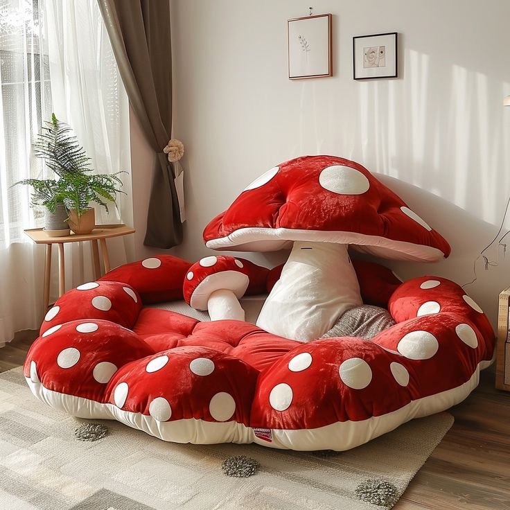 a mushroom shaped bed in the middle of a room