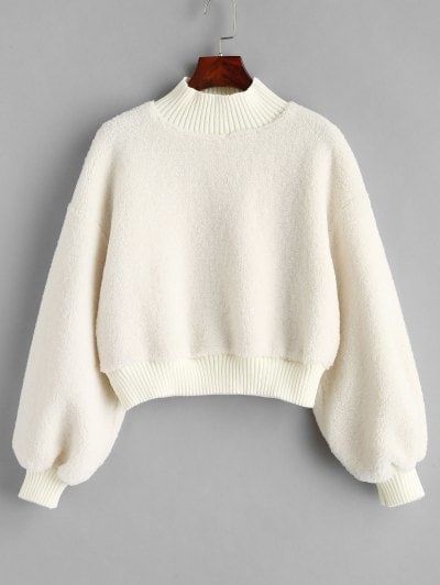 Sweatshirts, Teddy Sweatshirt, Drop Shoulder, Mock Neck, White