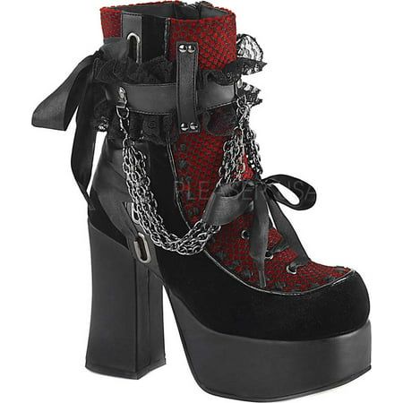 The Demonia Charade 110 Platform Ankle Boot is a platform bootie featuring front and back satin ribbon lace-up details and a ruffled ankle strap with hanging chain detail. Features and Benefits 114mm Block Heel 51mm Platform Front and Back Satin Ribbon Ruffled Ankle Strap Hanging Chain Detail Inside Zip Closure Lace-Up Details Size: 9.  Color: Multicolor.  Gender: female.  Age Group: adult. Red Velvet Boots, Kitty Cheshire, Goth Shoes, Gothic Boots, Velvet Ankle Boots, Demonia Shoes, Gothic Shoes, Funky Shoes, Velvet Boots