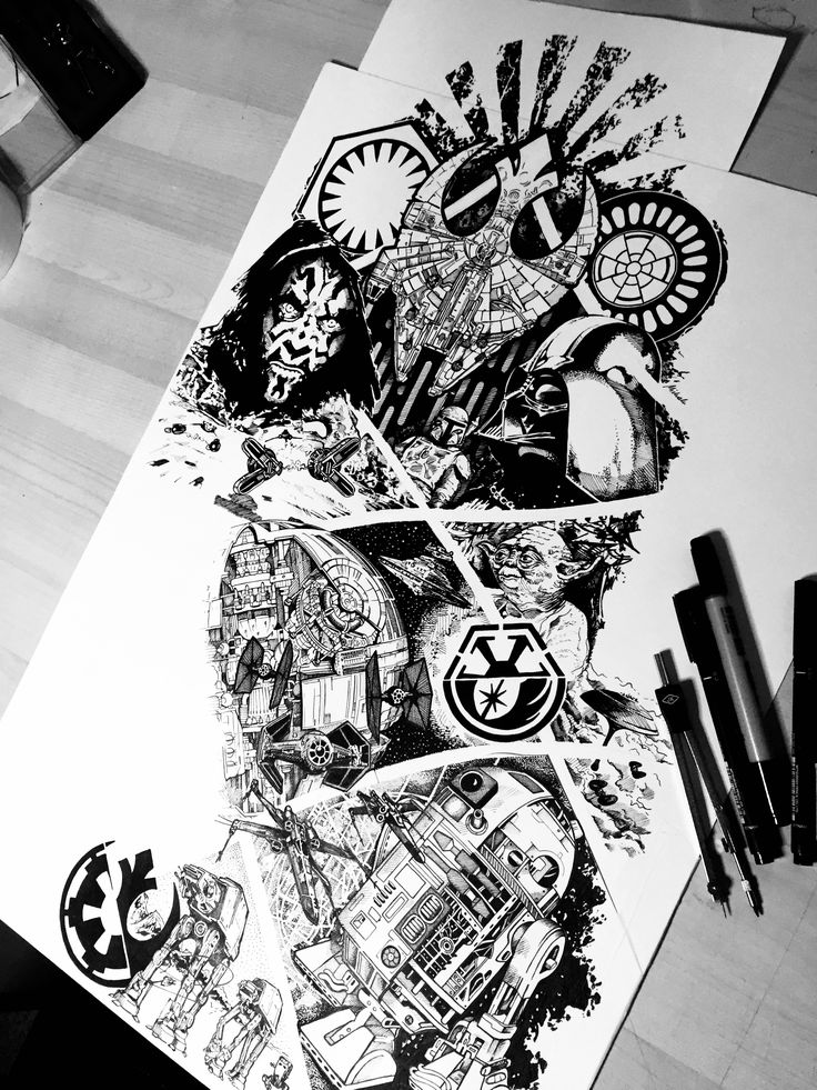 a black and white photo of some art work on paper with markers next to it